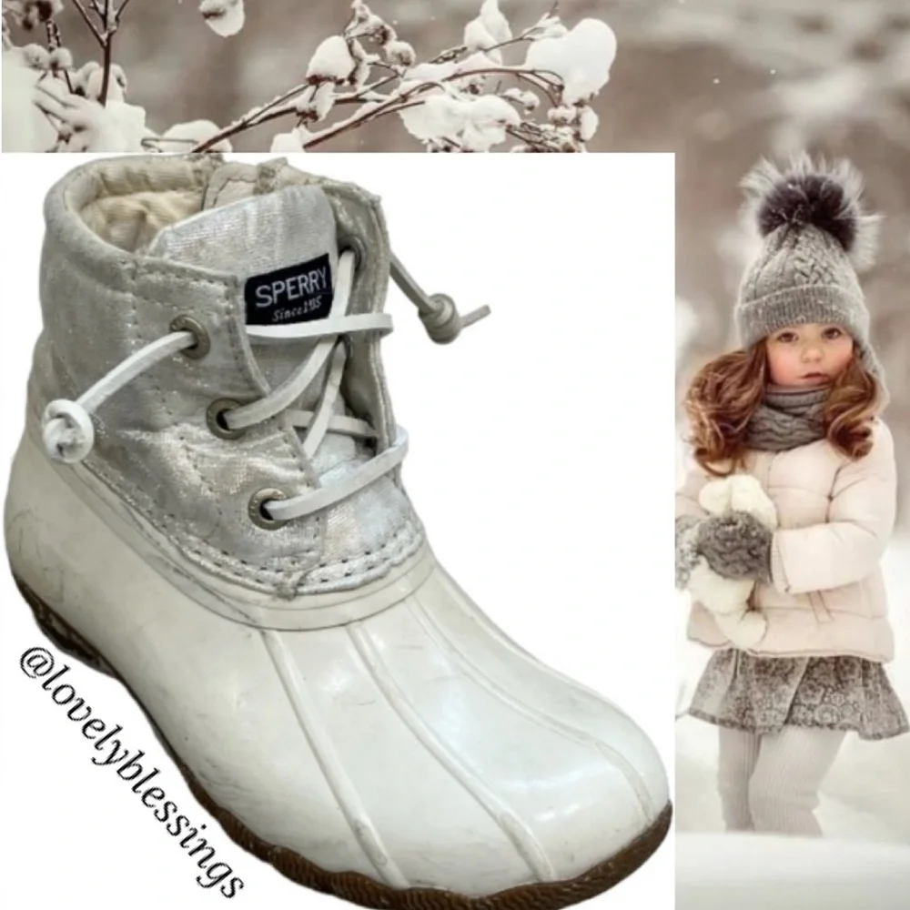 Sperry Saltwater Duck Boots Snow Rain Boots Ivory White Metallic Girls Size 9
